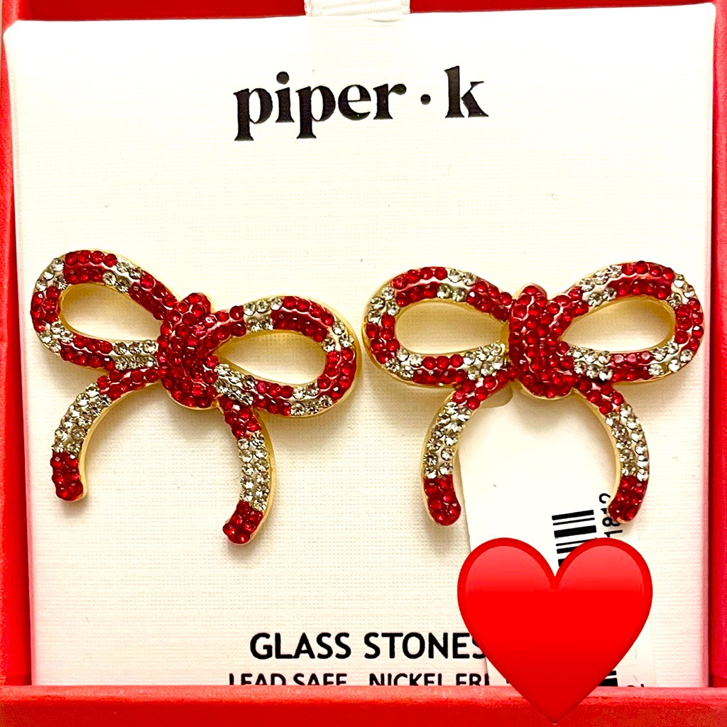 Piper-K Red And White Bow Glass Stone Earrings Brand New In Box 33$